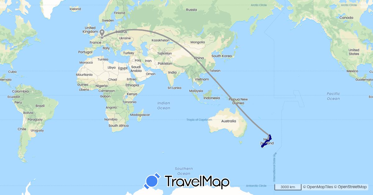 TravelMap itinerary: driving, plane, train in China, Germany, New Zealand (Asia, Europe, Oceania)